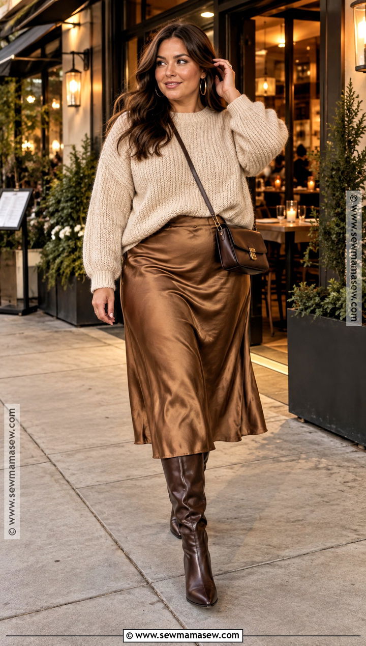 Midi Skirt and Chunky Sweater Fall Dinner Date Outfit - 20 casual dinner date outfit fall ideas