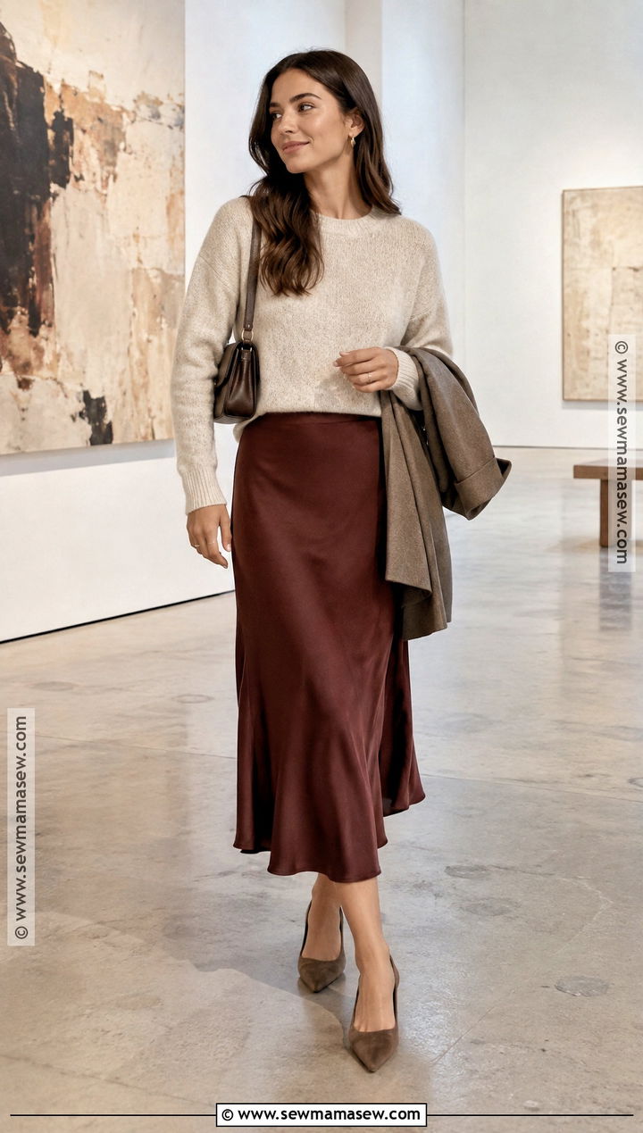 Midi Skirt and Crewneck Sweater Fall Outfit - 15 Women Fall Capsule Wardrobe Ideas