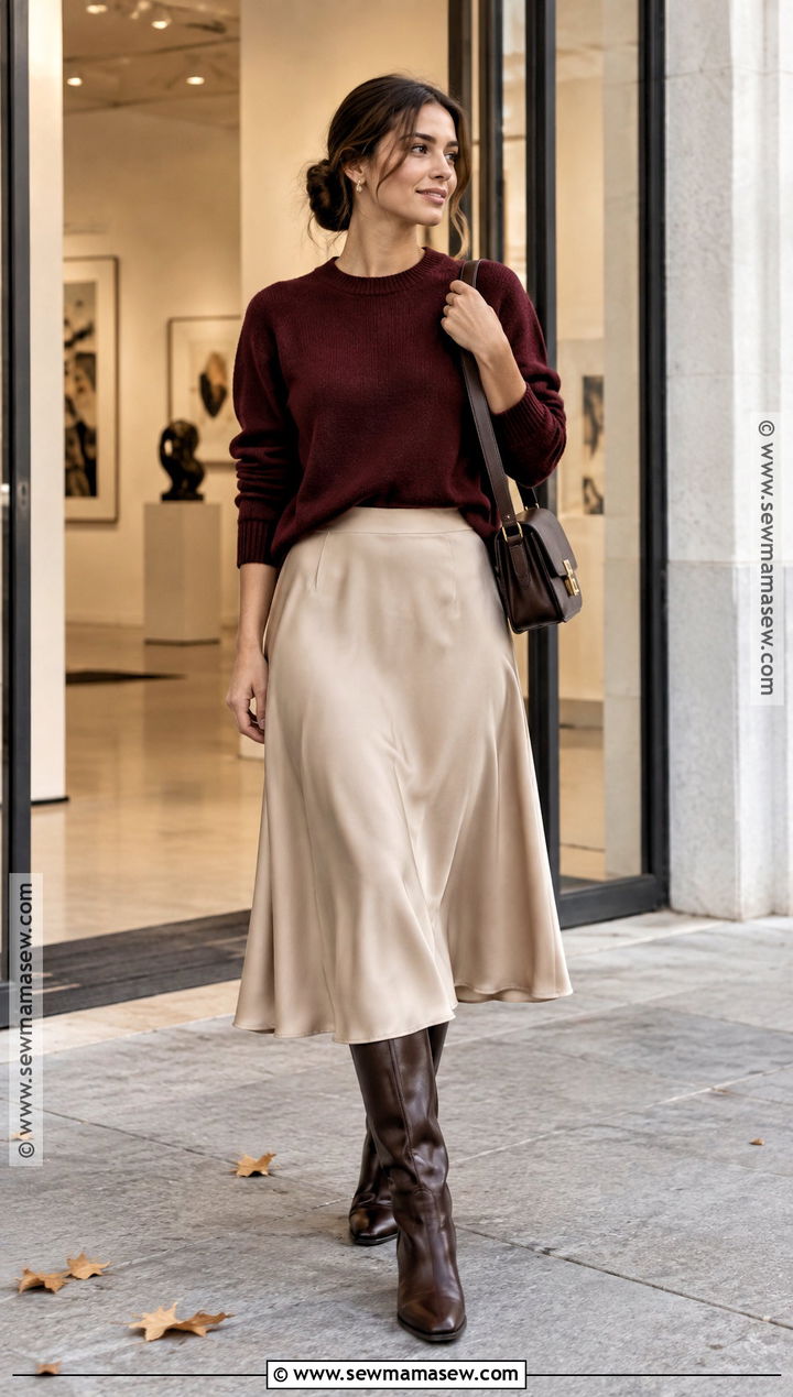 Midi Skirt and Crewneck Sweater Fall Outfit - 15 Fall Comfortable Outfits for Women