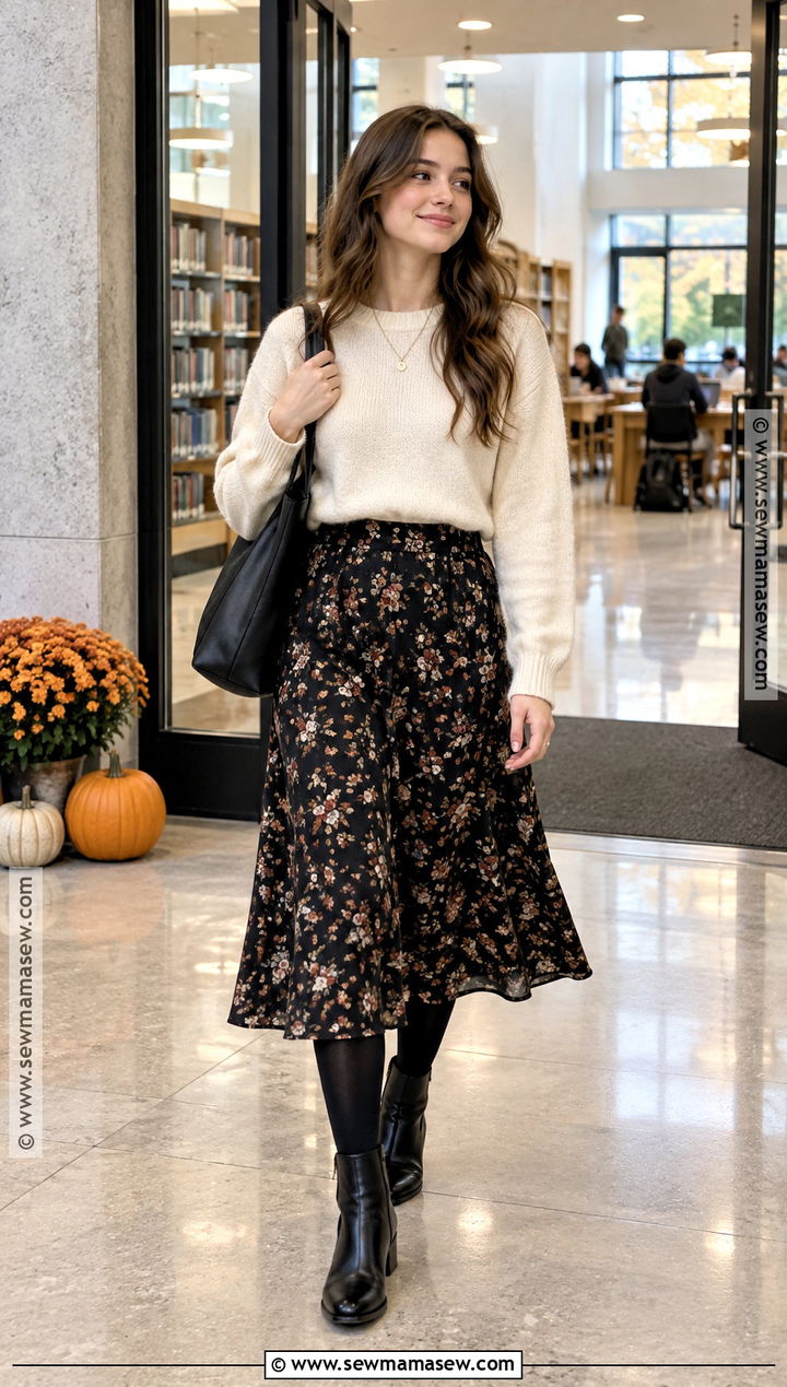 Midi Skirt and Crewneck Sweater School Outfit - 20 Fall Inspo Outfits For School