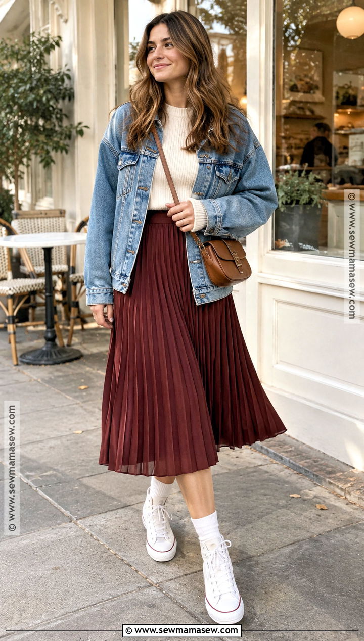 Midi Skirt and Denim Jacket Converse Outfit - 20 converse fall outfits