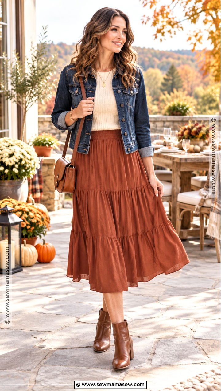 Midi Skirt and Denim Jacket Thanksgiving Outfit - 25 thanksgiving day outfits for women
