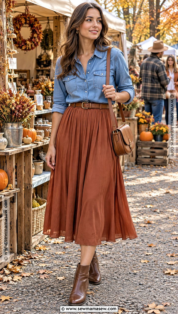 Midi Skirt and Denim Shirt Fall Fair Outfit - 25 fall fair outfit ideas