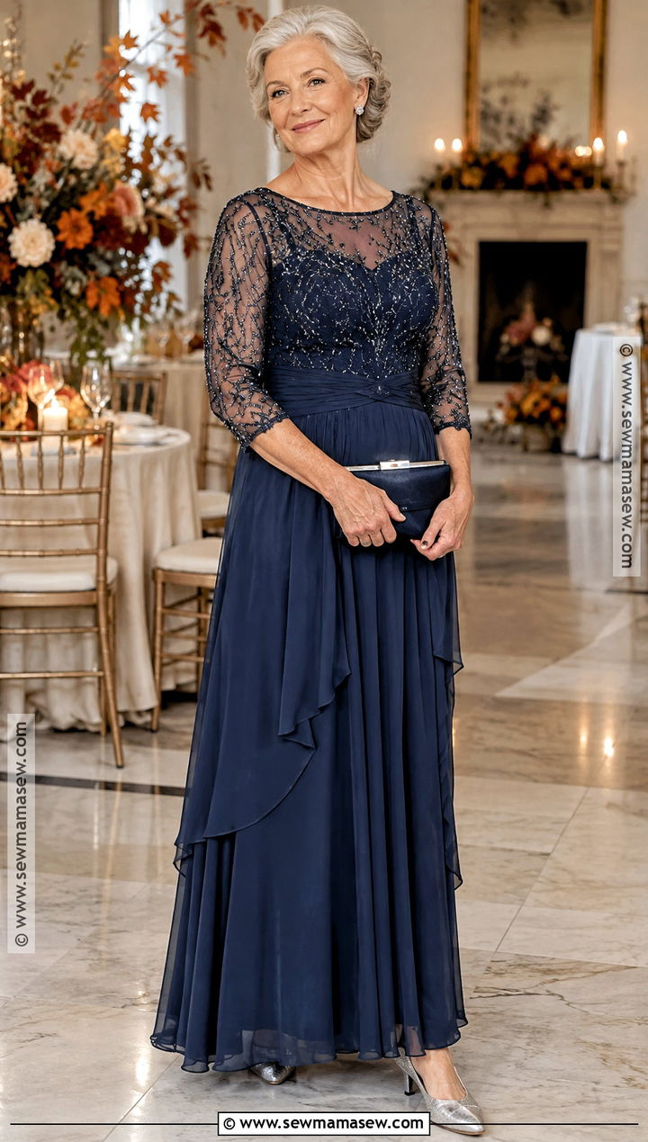 Midnight Blue Beaded Chiffon Mother Of The Bride Gown - 15 Autumn Mother Of The Bride Dresses