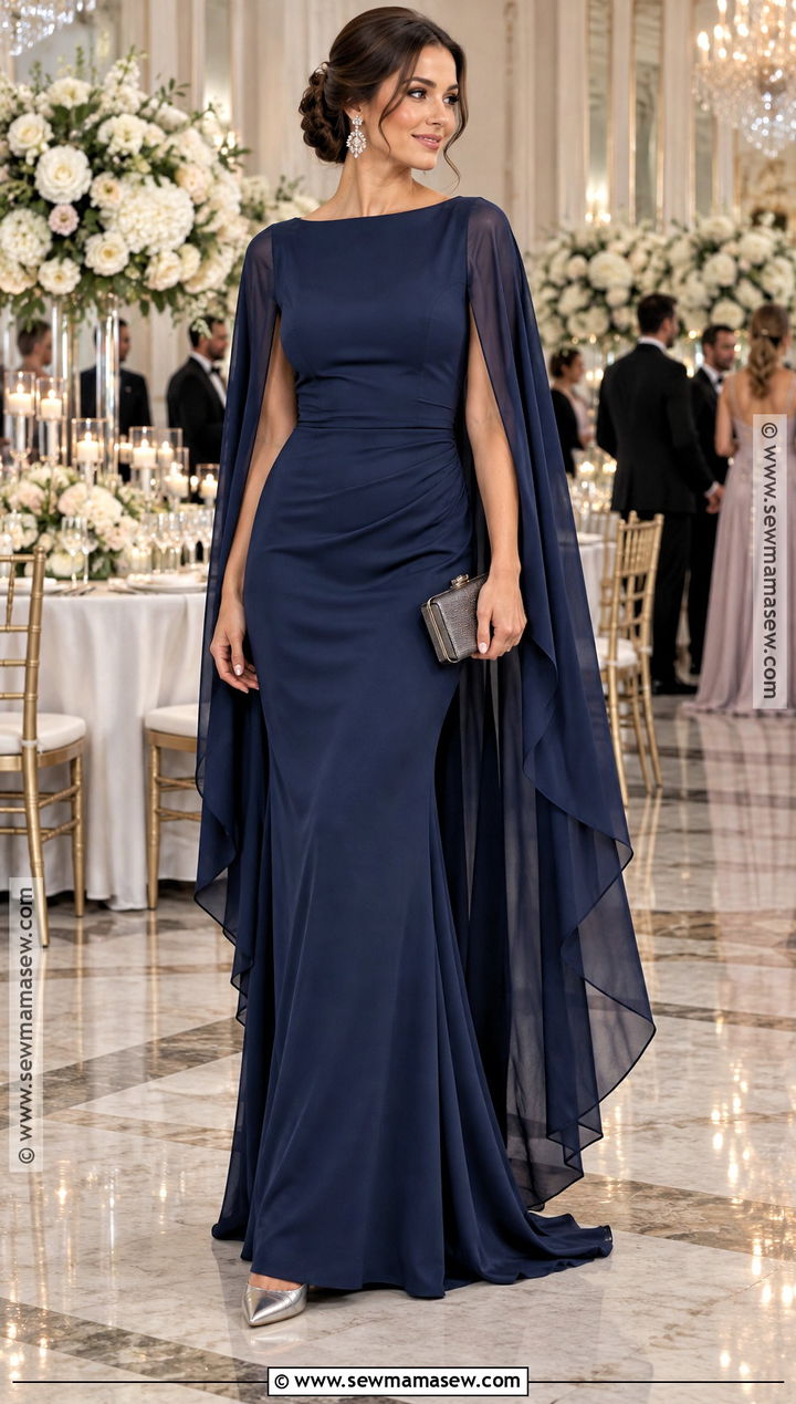 Midnight Blue Cape Fall Wedding Guest Dress - 15 fall wedding guest dress edgy ideas