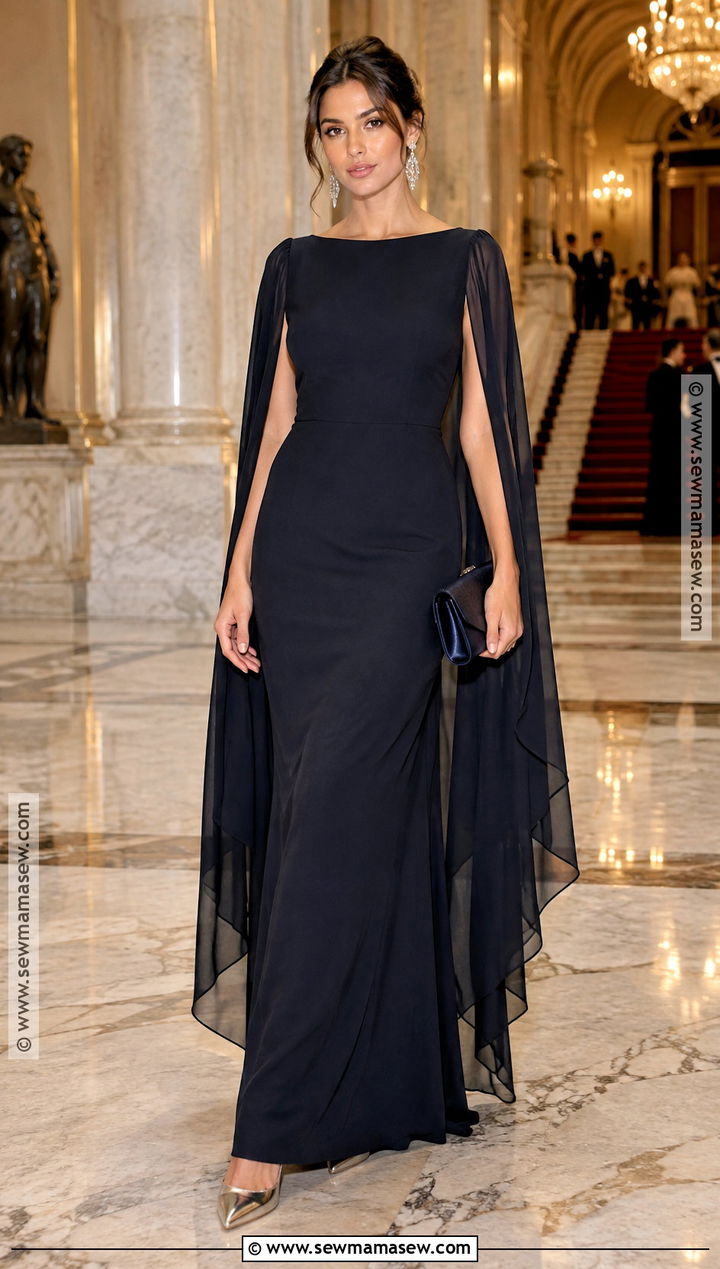 Midnight Blue Cape Sleeve Black Tie Wedding Guest Dress - 15 Black Tie Wedding Guest Dress September Ideas