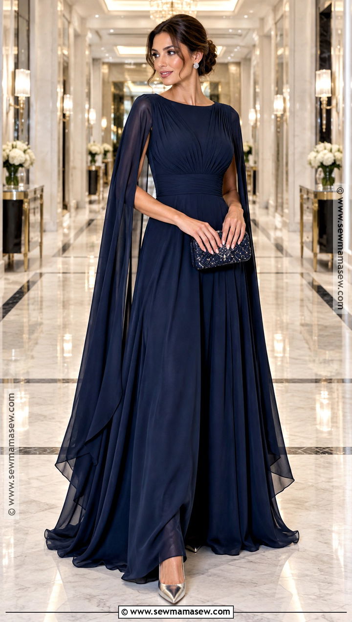 Midnight Blue Cape Sleeve Dress Outfit - 25 fall formal dresses wedding guest