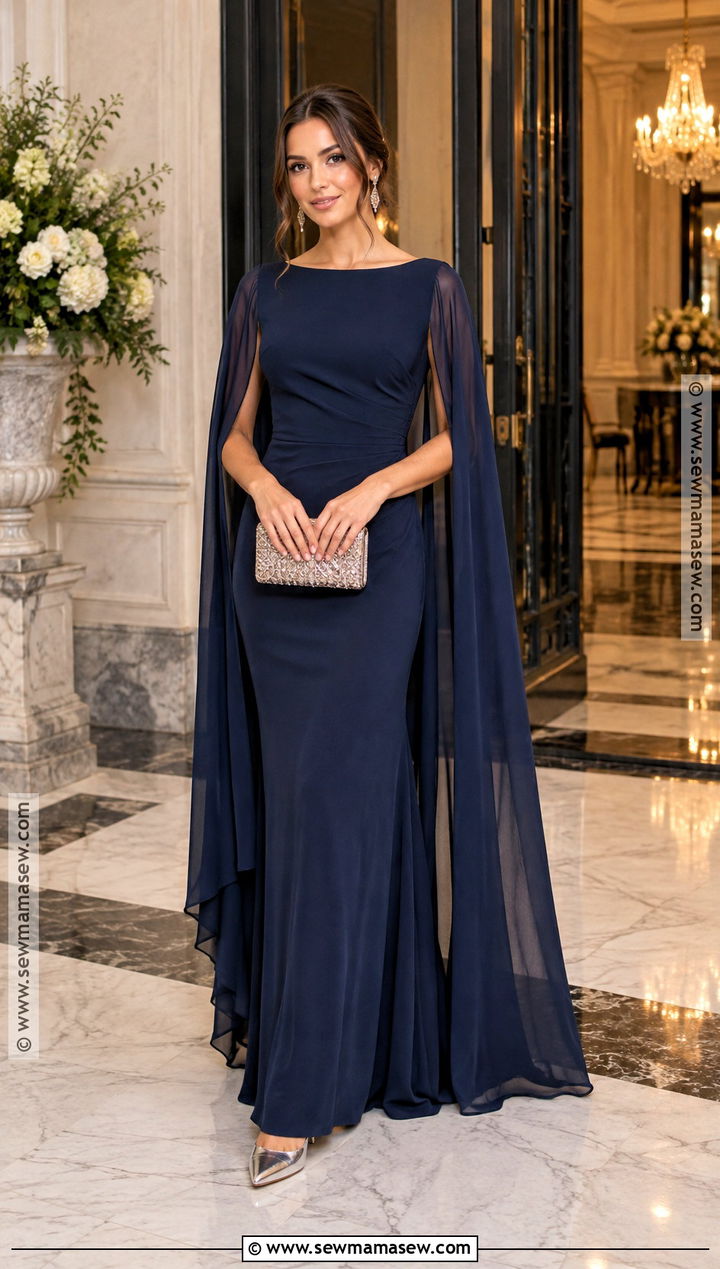 Midnight Blue Cape Sleeve Gown - 15 fall dresses for wedding guests