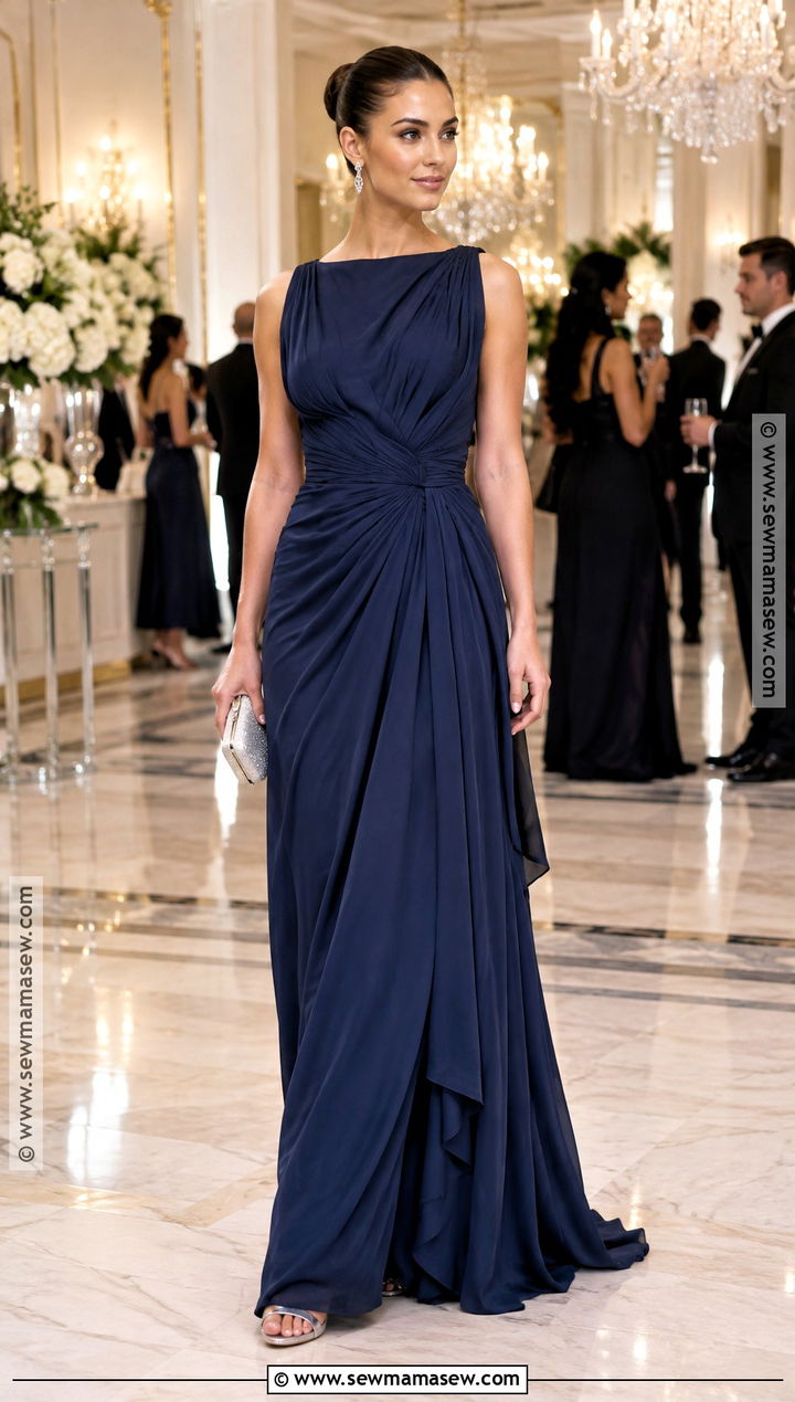 Midnight Blue Draped Autumn Wedding Guest Dress - 25 autumn wedding guest dress ideas