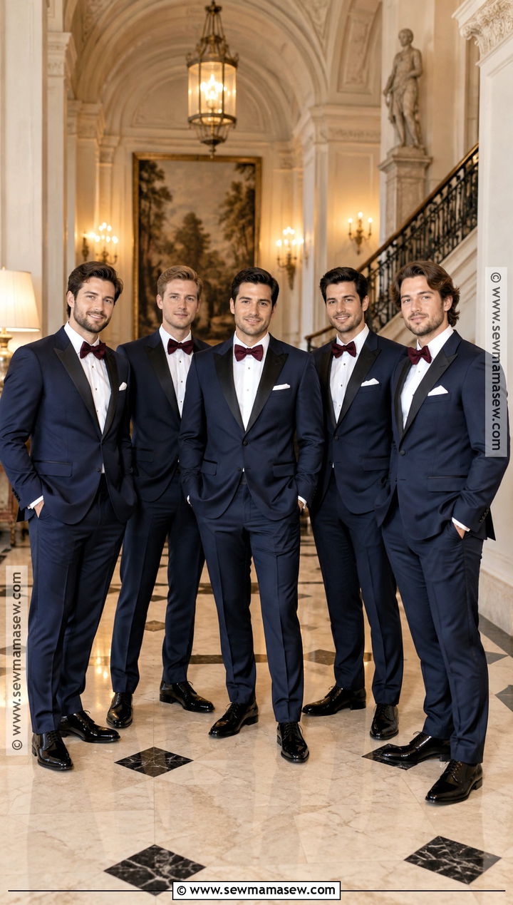 Midnight Blue Groomsmen Tuxedo With Burgundy Bow Tie - 15 groomsmen attire fall wedding color combos