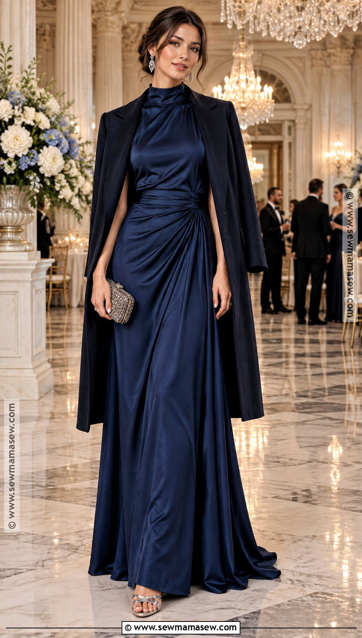 Midnight Blue High Neck Fall Wedding Guest Dress - 15 fall wedding guest dress ideas