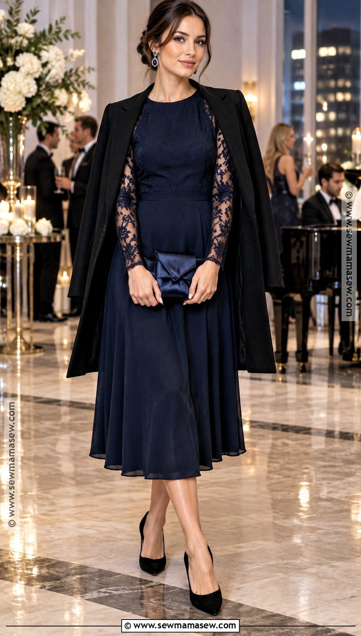 Midnight Blue Lace Sleeve Fall Wedding Guest Dress - 15 fall wedding guest dress blue ideas
