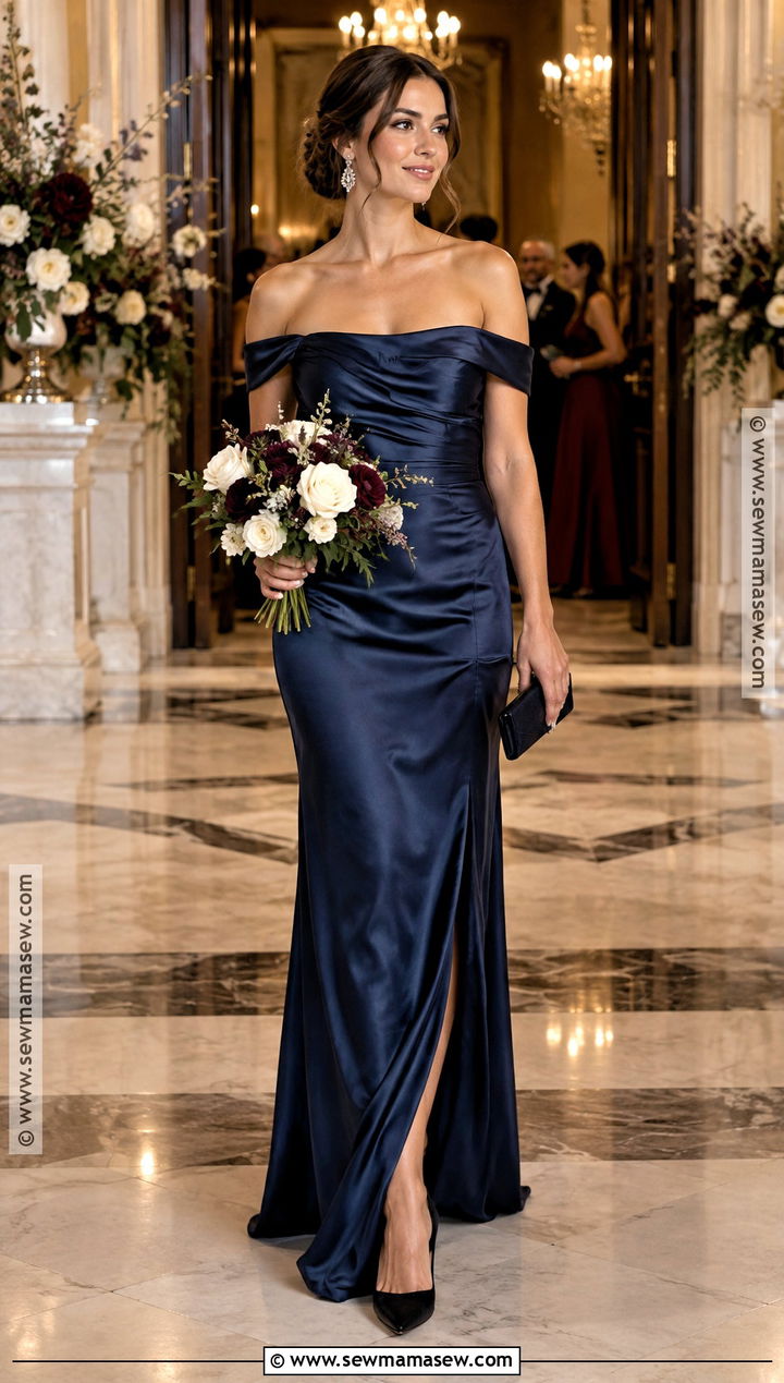 Midnight Blue Off The Shoulder Bridesmaid Gown - 15 blue fall bridesmaid dresses