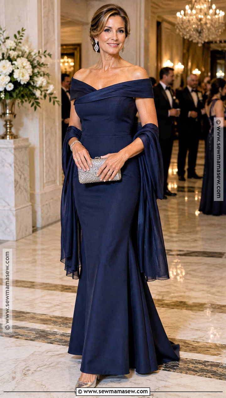 Midnight Blue Off the Shoulder Mother of the Groom Dress - 15 mother of the groom dresses fall