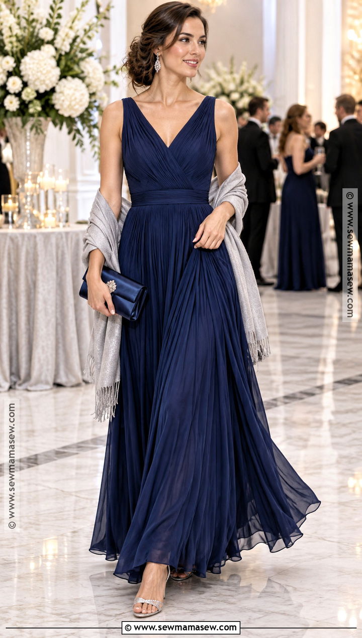 Midnight Blue Pleated Chiffon Gown - 15 fall black tie dress ideas