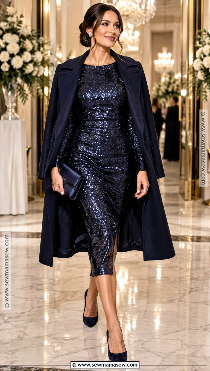 Midnight Blue Sequin Cocktail Dress - 25 fall cocktail dress wedding guest ideas
