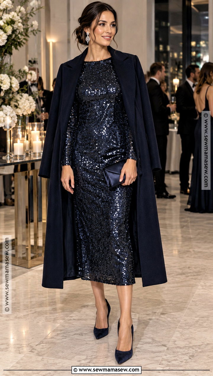 Midnight Blue Sequin Dress For A November Wedding - 25 november wedding guest outfits
