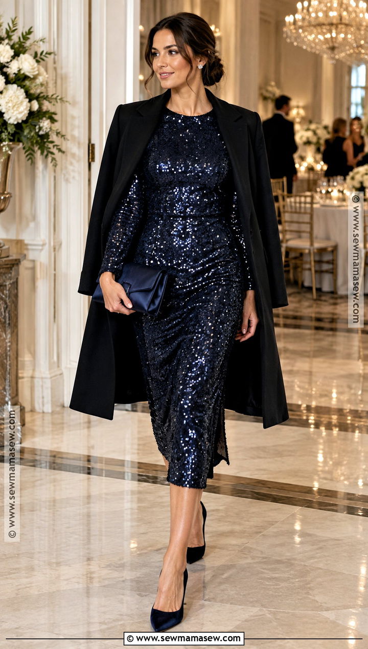 Midnight Blue Sequin Dress October Wedding Guest Outfit - 20 Wedding Guest October Outfit Ideas