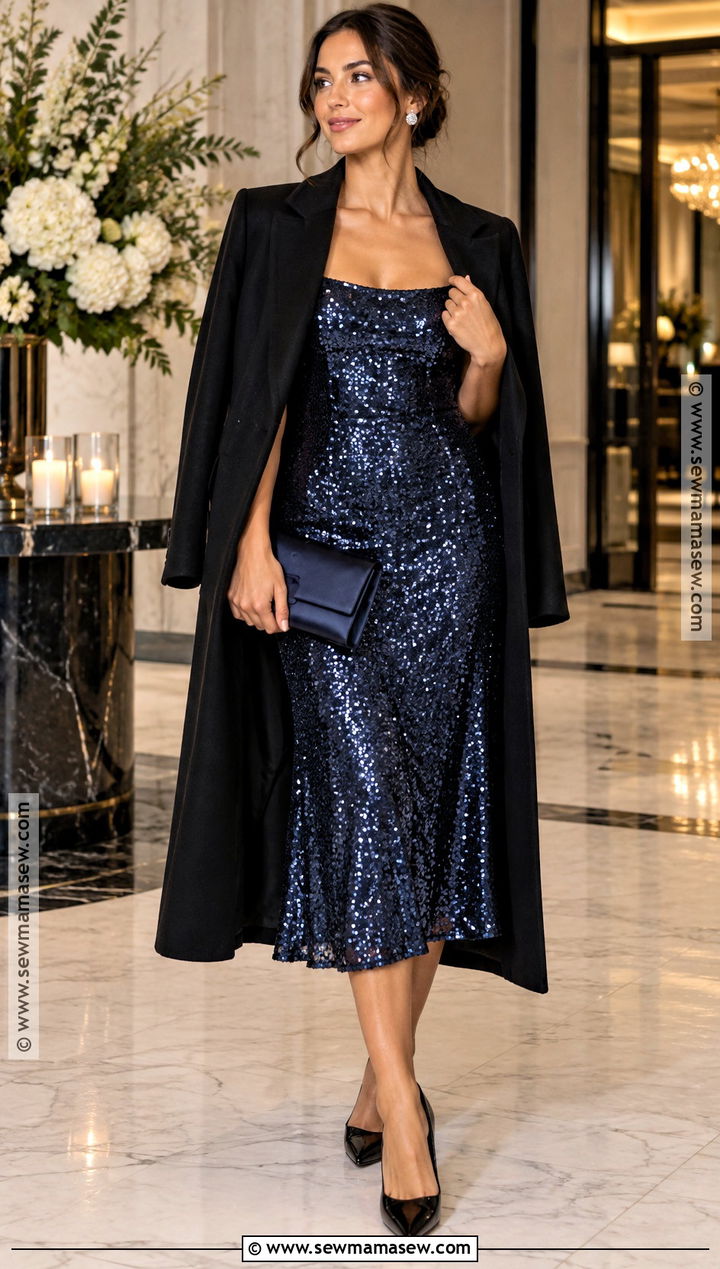 Midnight Blue Sequin Fall Wedding Guest Dress - 25 wedding guest dress fall ideas