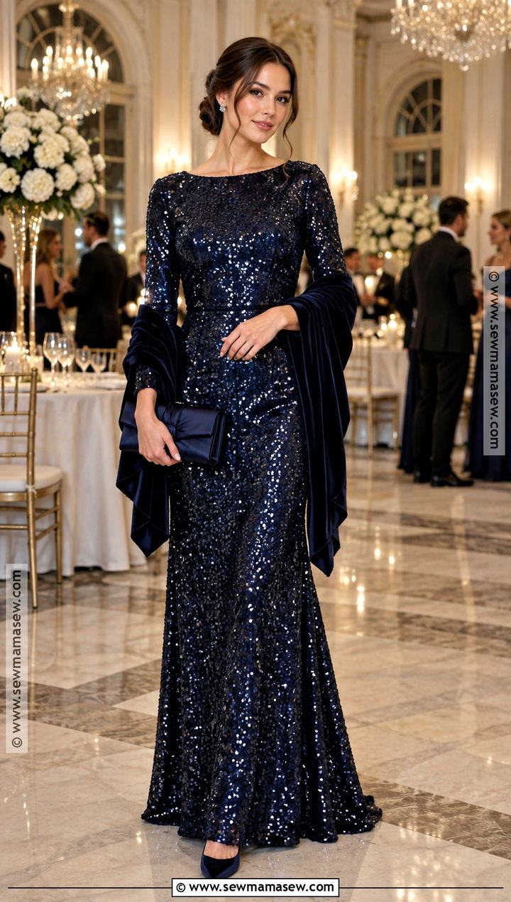 Midnight Blue Sequin Gown Outfit - 15 november wedding party attire ideas