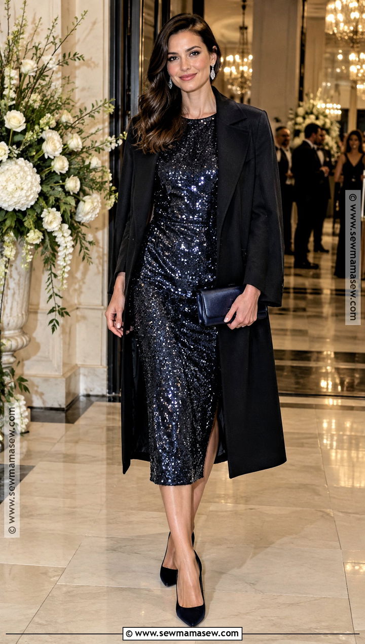 Midnight Blue Sequin Midi Dress Autumn Wedding Guest Outfit - 25 autumn wedding guest outfit ideas