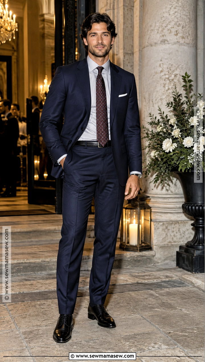 Midnight Blue Suit With Patterned Tie - 15 mens fall wedding attire guest semi formal ideas