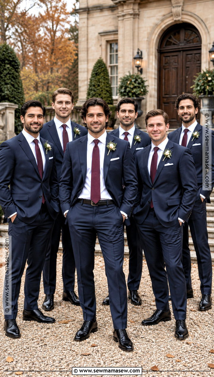 Midnight Blue Suit With Wine Tie Groomsmen Attire - 15 groomsmen attire fall color combos
