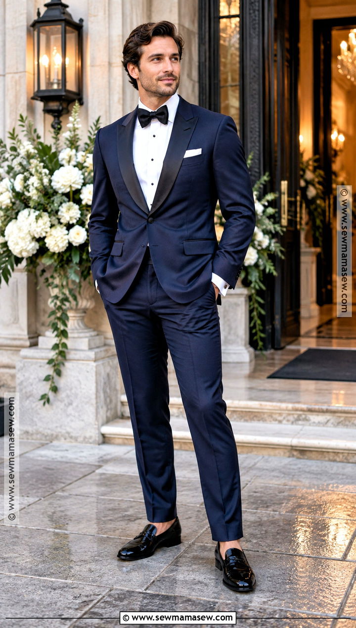 Midnight Blue Tuxedo Fall Wedding Guest Outfit - 15 fall wedding outfit men guest ideas