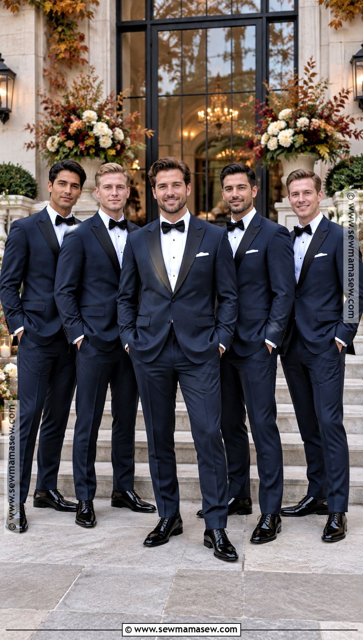 Midnight Blue Tuxedo Groomsmen Attire for a Fall Wedding - 20 groomsmen attire fall wedding ideas