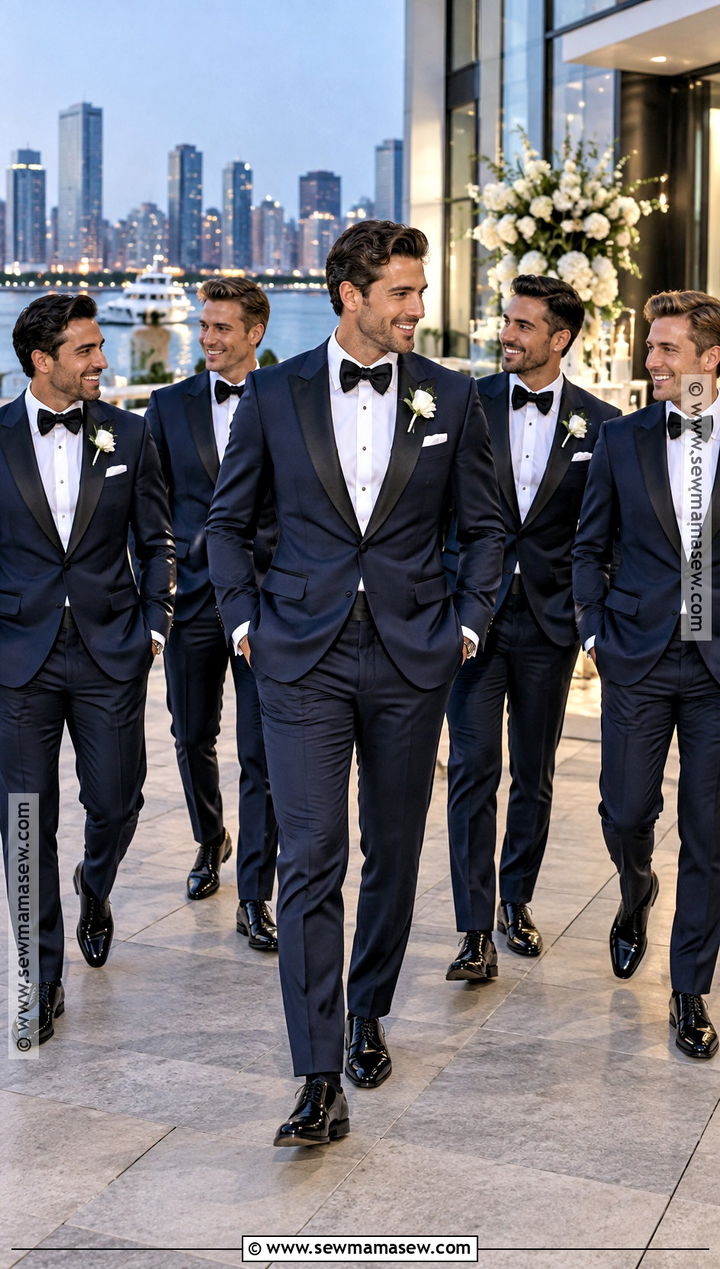 Midnight Blue Tuxedos With Black Bow Ties - 15 september wedding groomsmen groom attire ideas