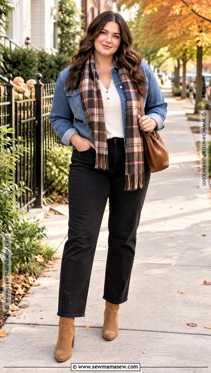 Midsize Autumn Outfit With Denim Jacket And Black Jeans - 15 autumn outfits casual midsize