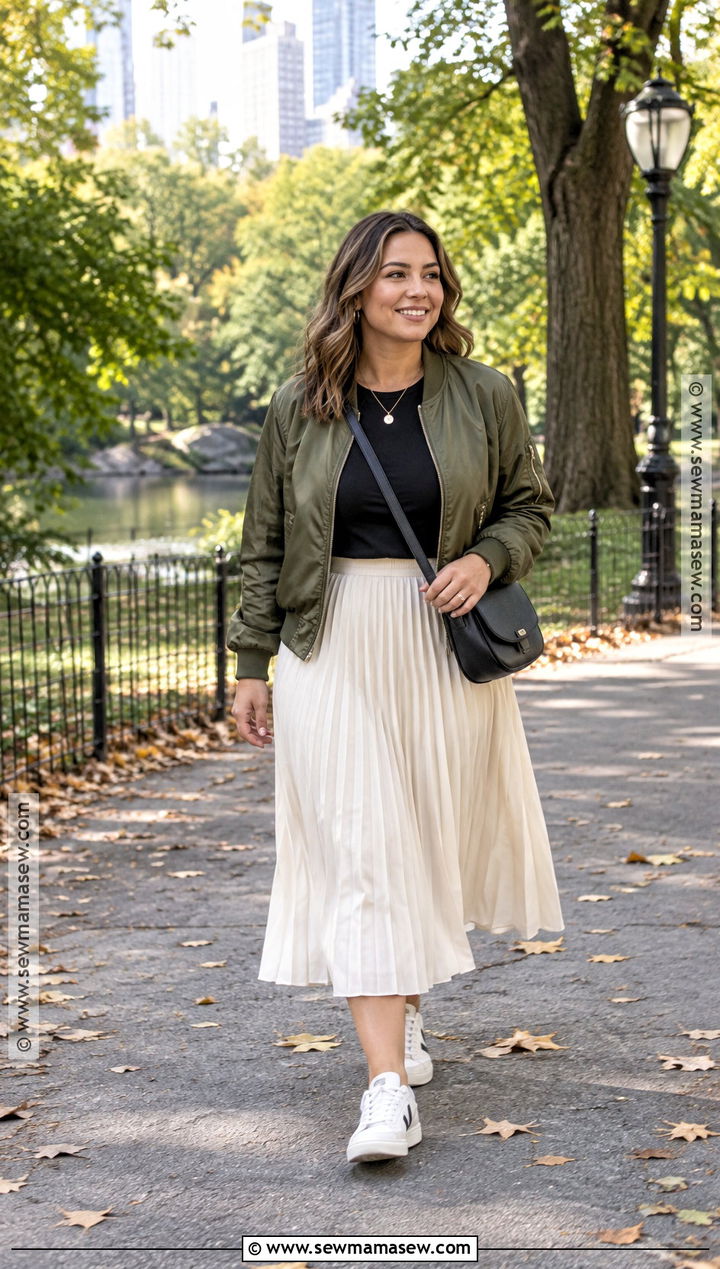 Midsize Bomber Jacket and Midi Skirt Outfit - 15 mid sized fall fashion ideas