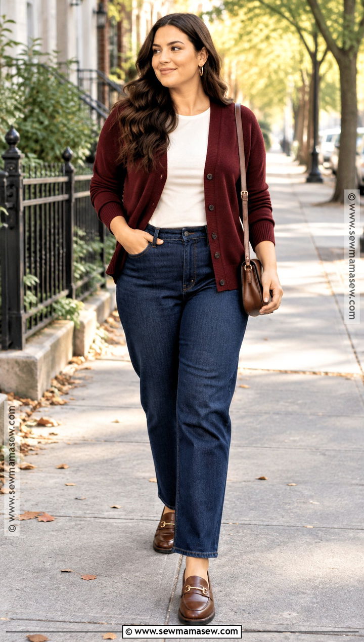 Midsize Cardigan and Straight Leg Jeans Outfit - 15 mid sized fall fashion ideas