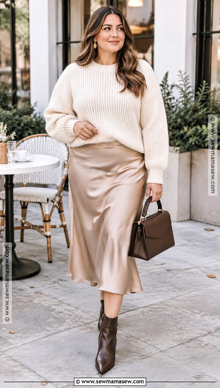 Midsize Chunky Sweater And Satin Midi Skirt Outfit - 15 fall 2026 outfits midsize