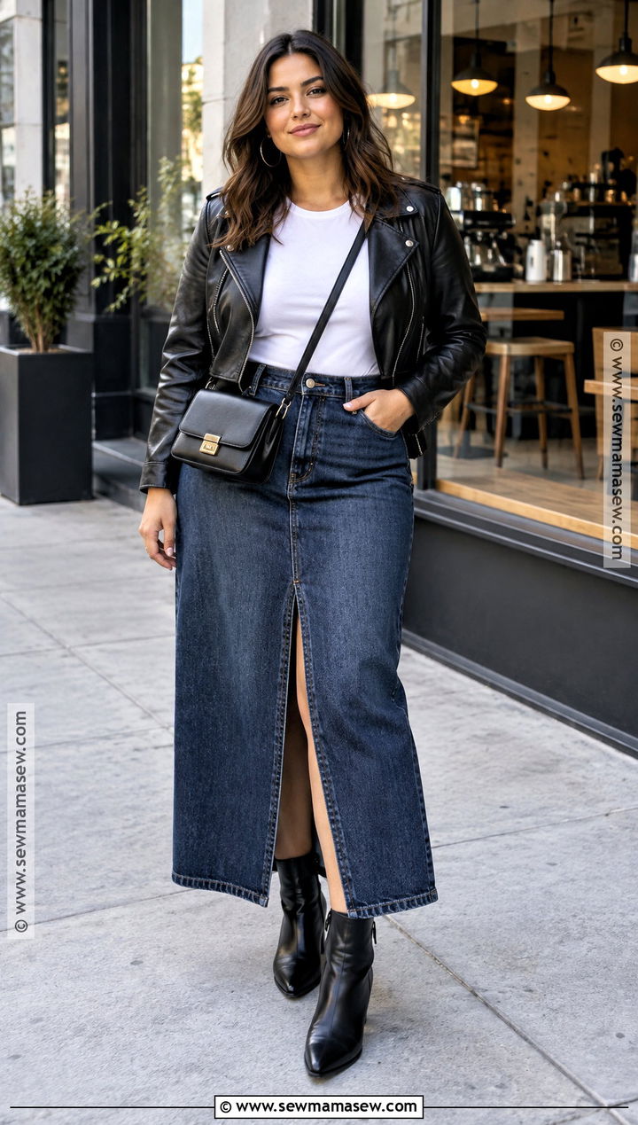 Midsize Denim Maxi Skirt And Leather Jacket Outfit - 15 fall 2026 outfits midsize