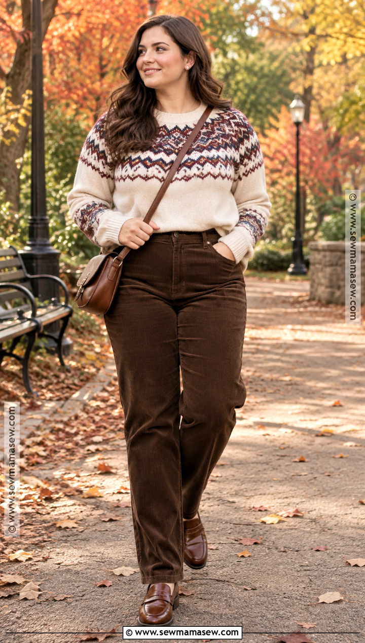 Midsize Fair Isle Sweater and Corduroy Pants Outfit - 15 mid sized fall fashion ideas