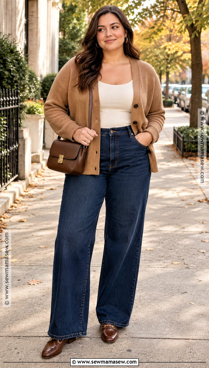 Midsize Fall Cardigan And Wide Leg Jeans Outfit - 25 mid size outfits fall