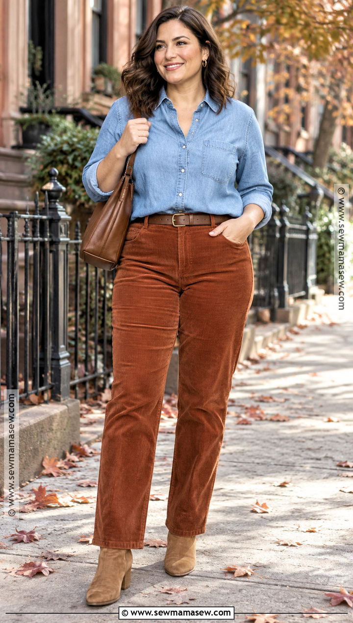 Midsize Fall Corduroy Pants And Denim Shirt Outfit - 25 mid size outfits fall