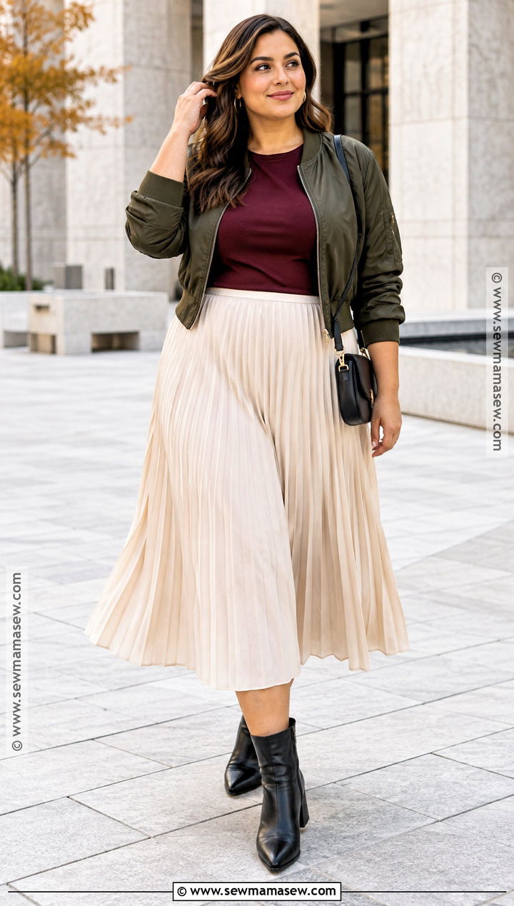 Midsize Fall Pleated Skirt And Bomber Jacket Outfit - 25 mid size outfits fall