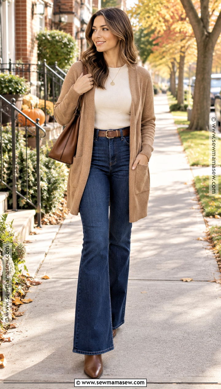 Midsize Long Cardigan And Flare Jeans Outfit - 15 fall 2026 outfits midsize