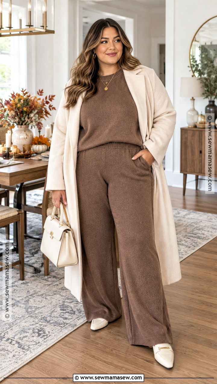 Midsize Thanksgiving Brown Knit Set Outfit - 15 midsize thanksgiving outfit ideas