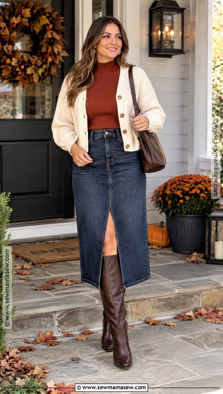 Midsize Thanksgiving Denim Midi Skirt And Turtleneck Outfit - 15 midsize thanksgiving outfit ideas