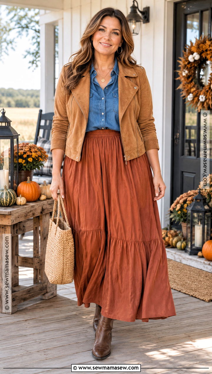 Midsize Thanksgiving Maxi Skirt And Denim Shirt Outfit - 15 midsize thanksgiving outfit ideas