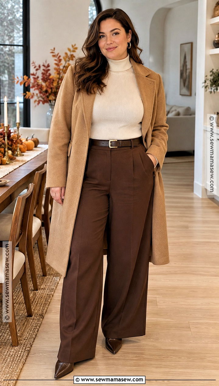 Midsize Thanksgiving Wide Leg Pants And Fitted Sweater Outfit - 15 midsize thanksgiving outfit ideas