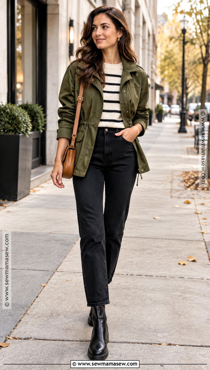 Midsize Utility Jacket and Black Jeans Outfit - 15 mid sized fall fashion ideas
