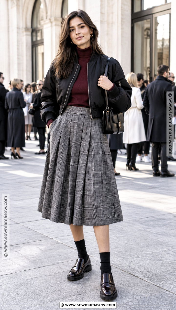Milan Fall Bomber Jacket and Checked Skirt Outfit - 20 Milan Outfits Fall