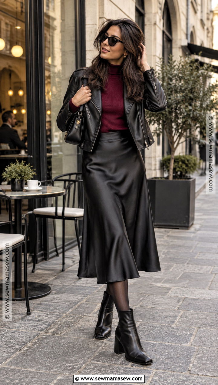 Milan October Leather Jacket And Midi Skirt Outfit - 20 milan october outfit ideas