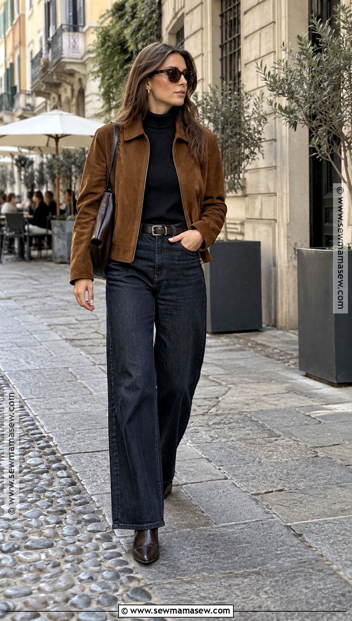 Milan October Suede Jacket And Wide Leg Jeans Outfit - 20 milan october outfit ideas