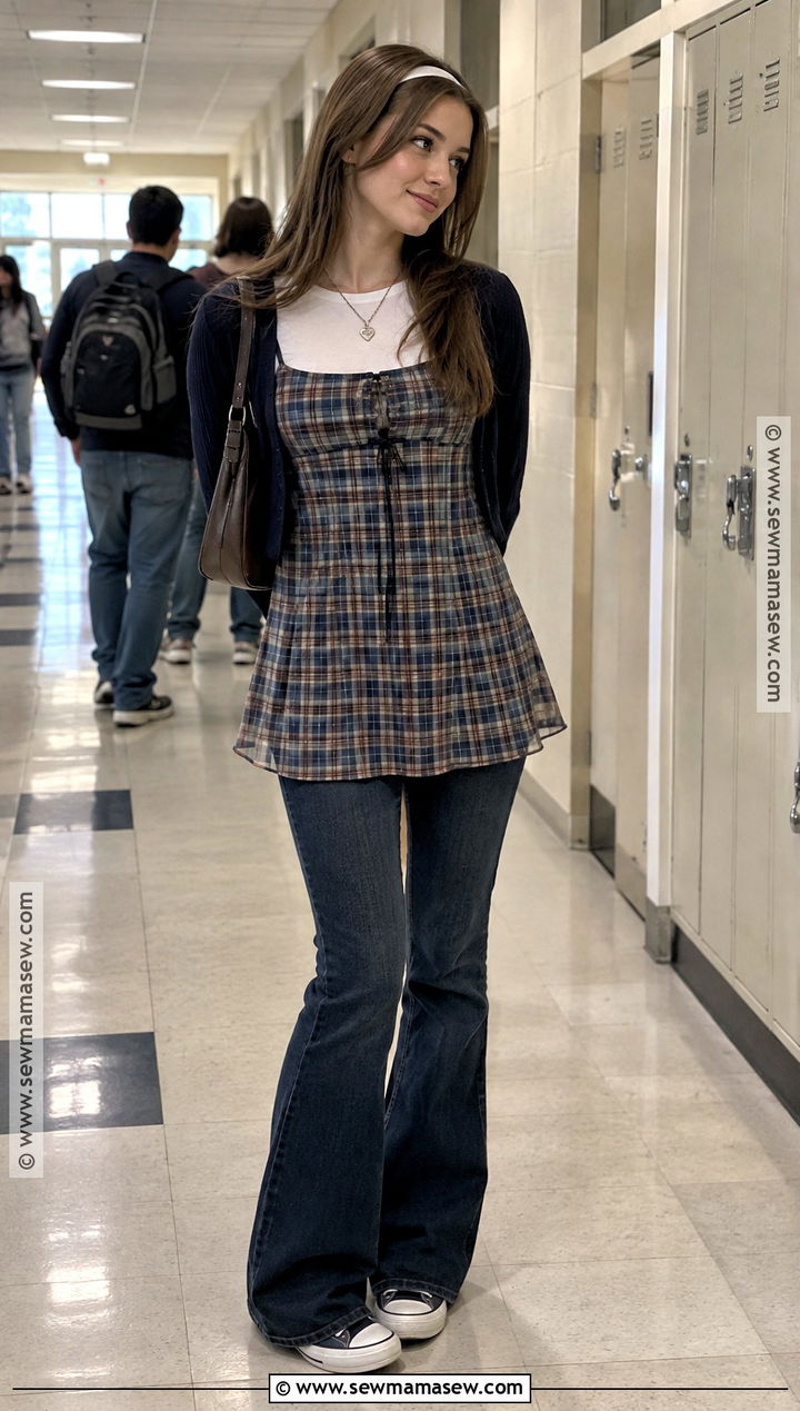 Mini Dress Over Flare Jeans Y2K Back To School Outfit - 20 y2k back to school outfits
