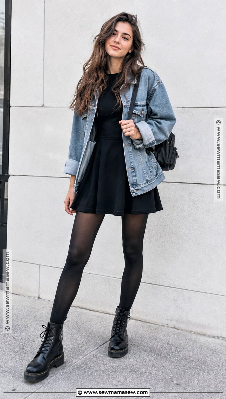 Mini Dress With Tights And Combat Boots - 20 fall dress outfit casual ideas